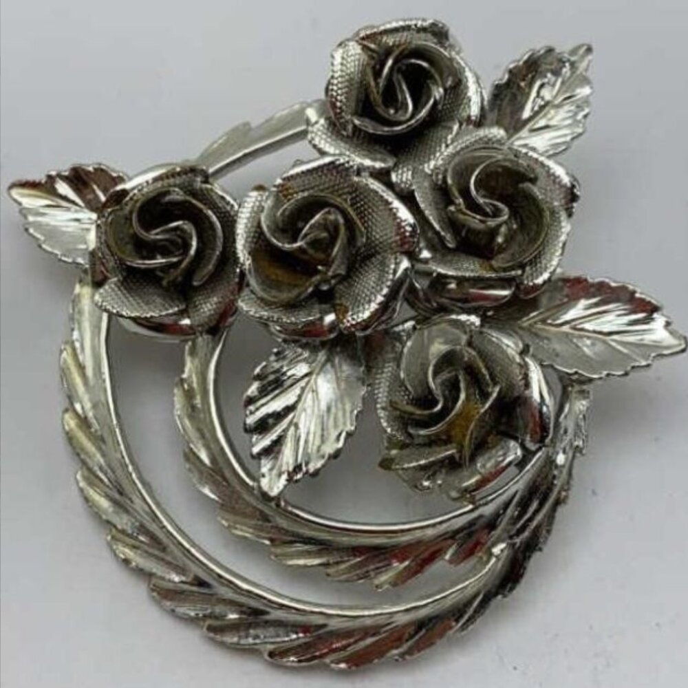 VINTAGE Coro MidCentury Modern Brooch Rose Swirl Silver Tone 3D 2x2”